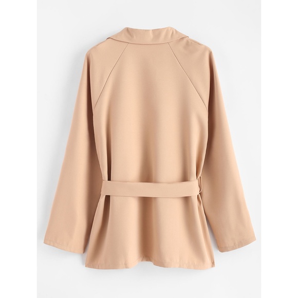 Plus Size Tan Belted Jacket w/ Pockets & Lapels - Picture 2 of 4